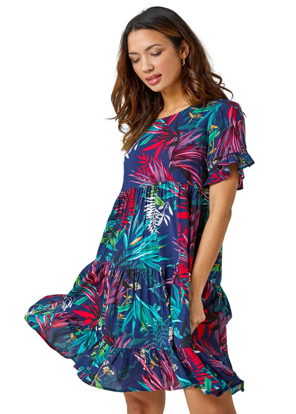 Roman Navy Tropical Frill Sleeve Tiered Smock Dress - 6 Image 1