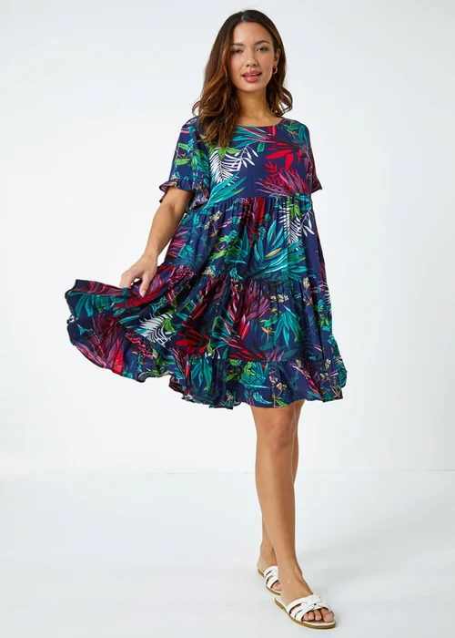 Roman Navy Tropical Frill Sleeve Tiered Smock Dress - 6 Image 2