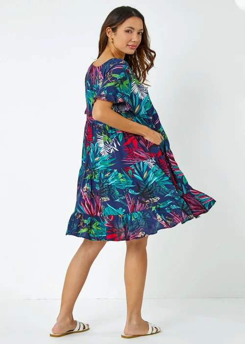 Roman Navy Tropical Frill Sleeve Tiered Smock Dress - 6 Image 3