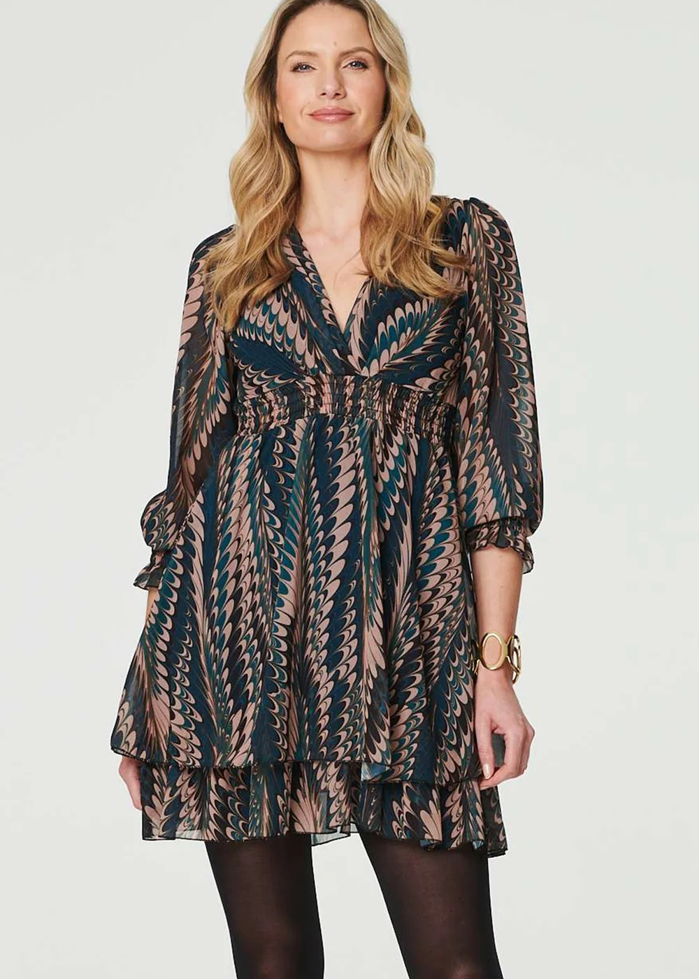 Izabel London Green Printed Layered Hem Mini Dress - S Image 1