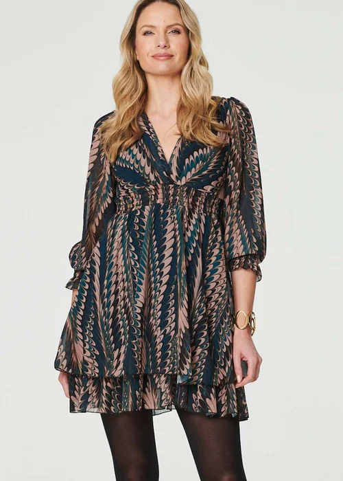Izabel London Green Printed Layered Hem Mini Dress - S Image 1