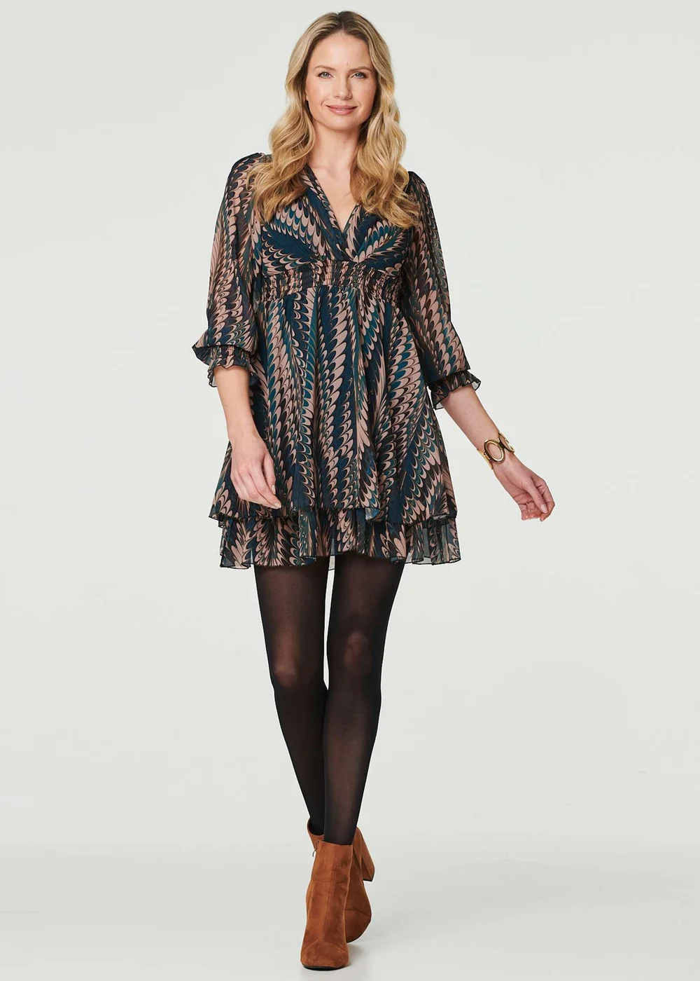 Izabel London Green Printed Layered Hem Mini Dress - S Image 4
