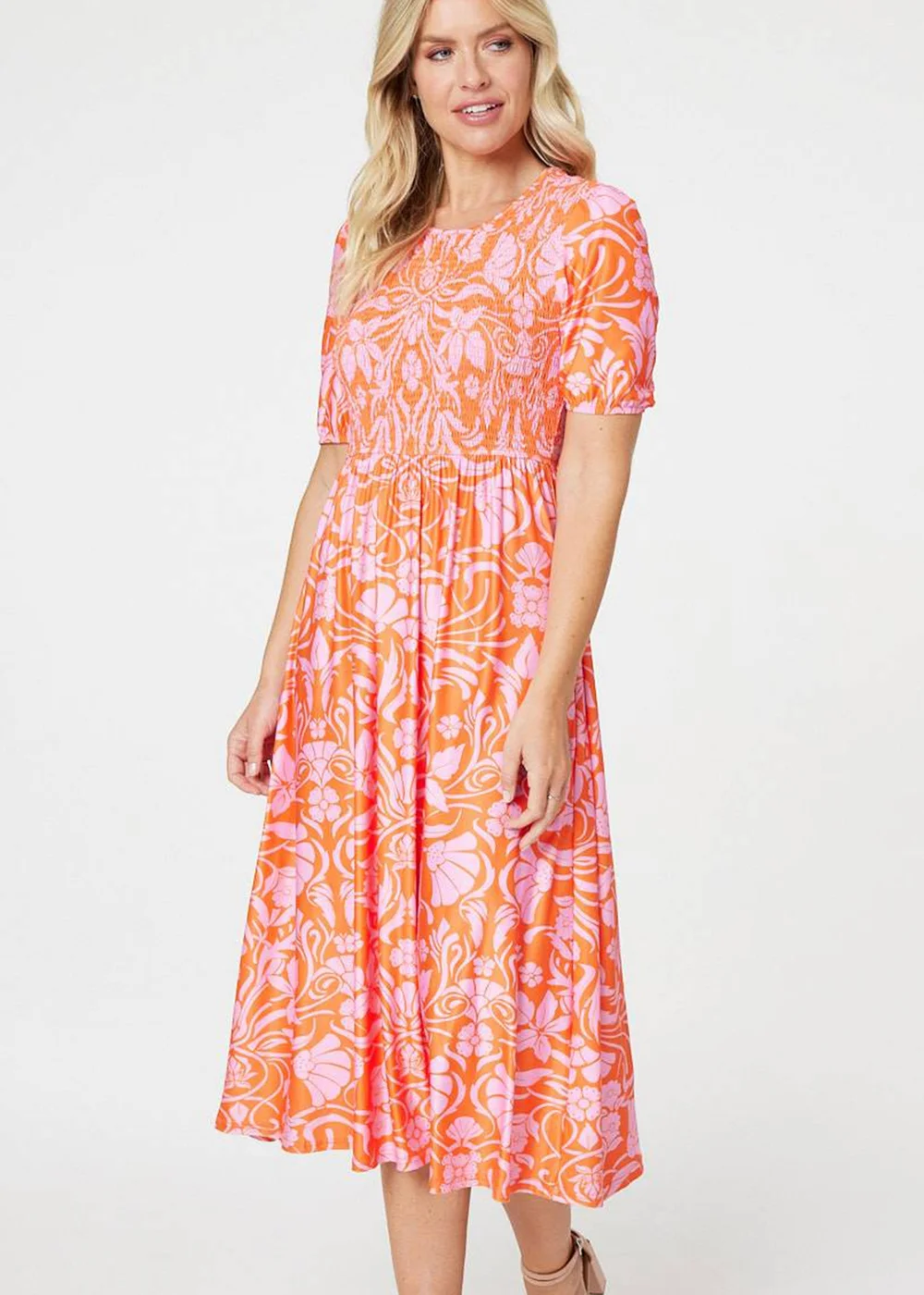 Izabel London Orange Floral Smocked Detail Midi Dress - S Image 1