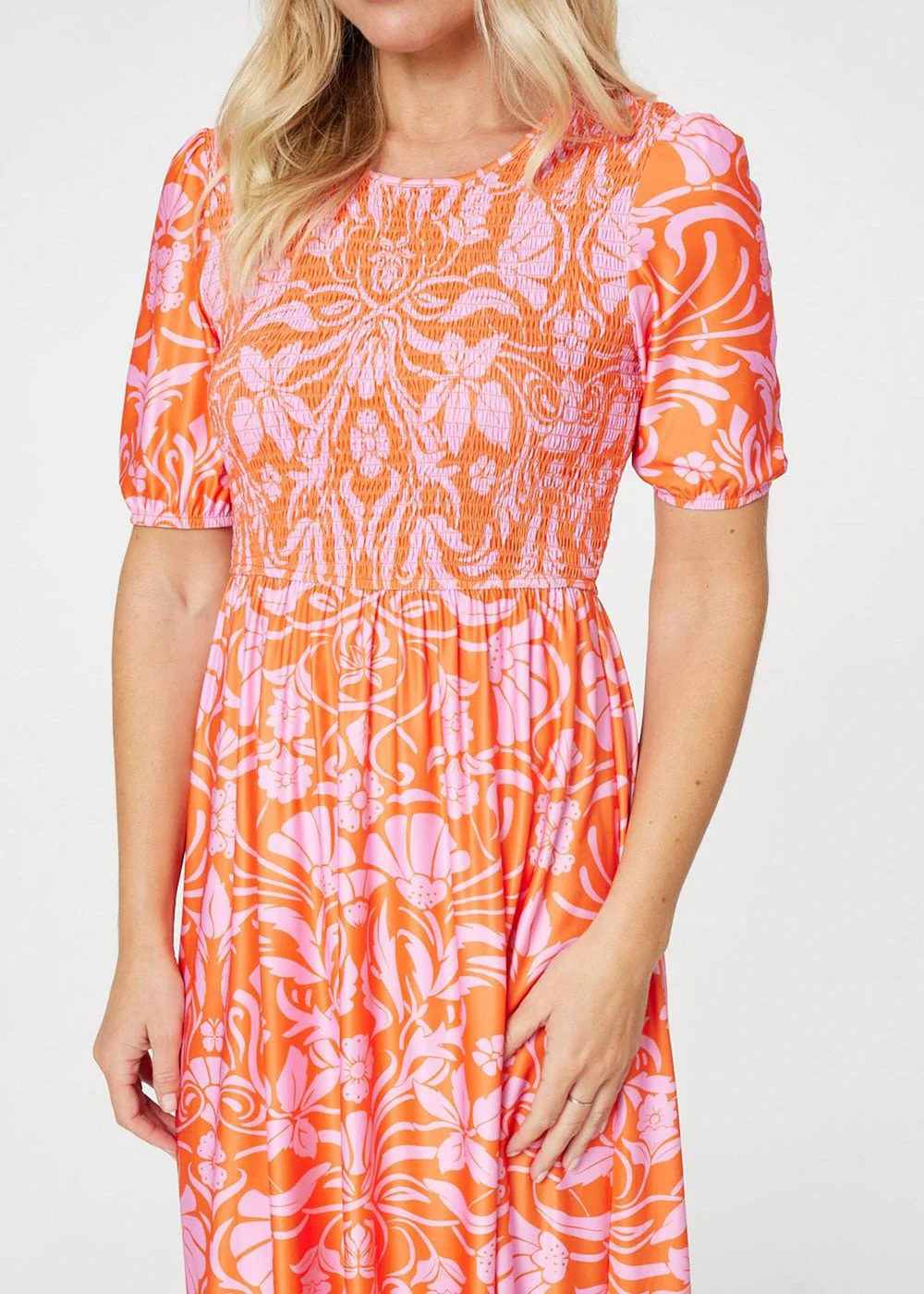 Izabel London Orange Floral Smocked Detail Midi Dress - S Image 3