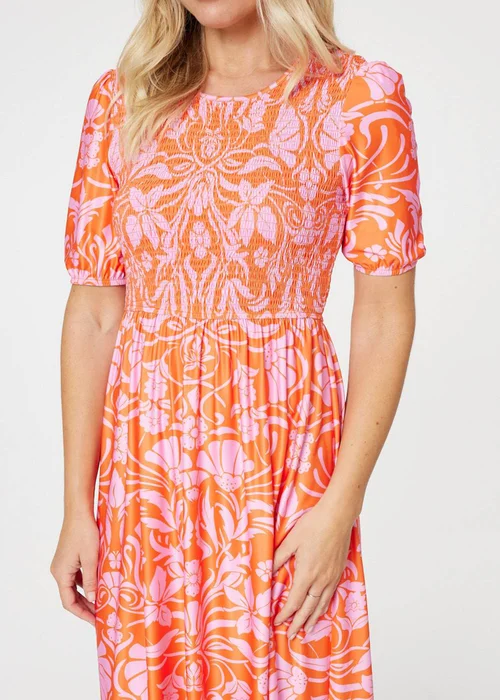 Izabel London Orange Floral Smocked Detail Midi Dress - S Image 3