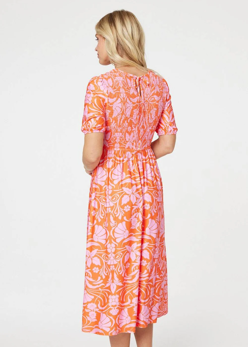Izabel London Orange Floral Smocked Detail Midi Dress - S Image 2