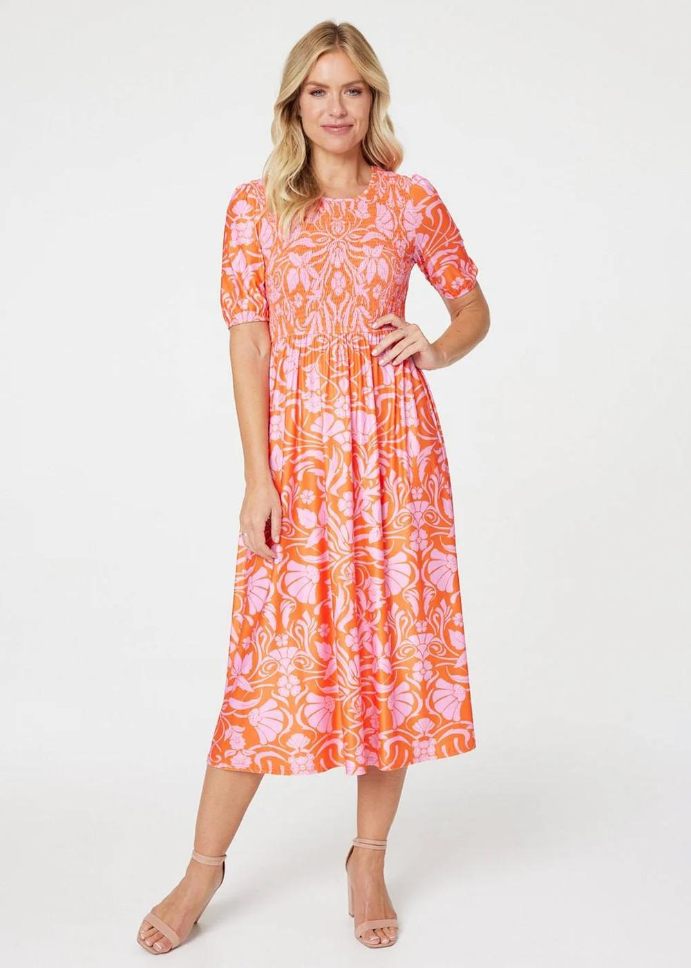 Izabel London Orange Floral Smocked Detail Midi Dress - S Image 4