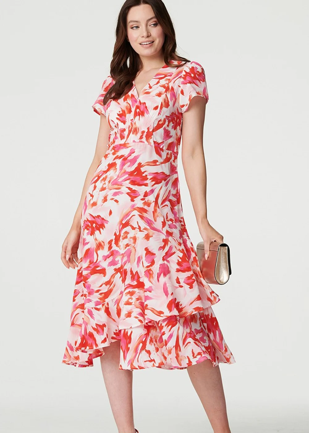 Izabel London Red Printed Layered Hem Midi Dress - 8 Image 1