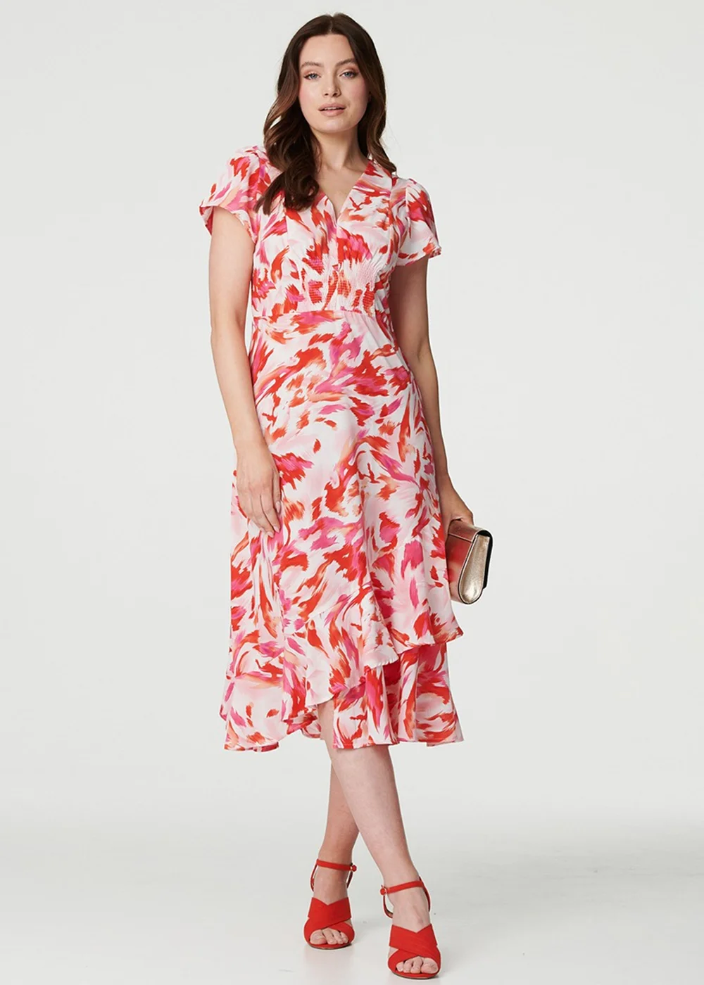 Izabel London Red Printed Layered Hem Midi Dress - 8 Image 4