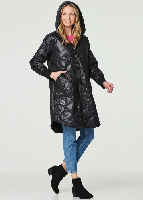 Izabel London Black Hooded Zip Front Puffer Coat - 8 Image 4