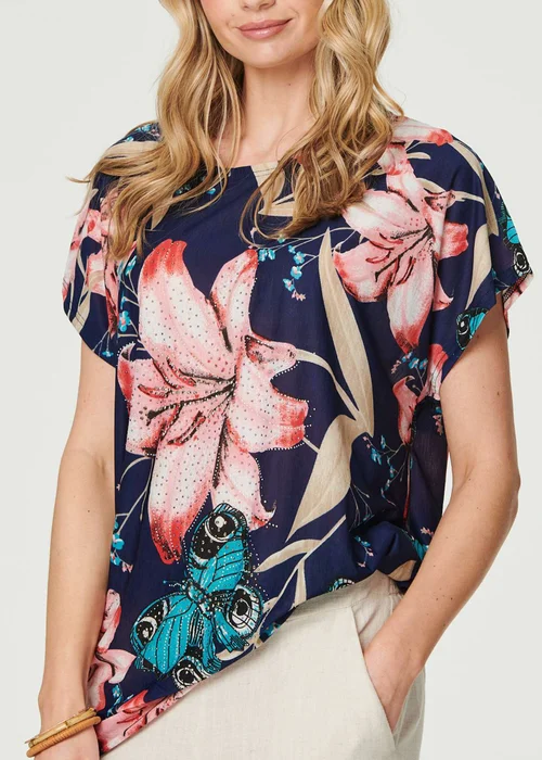 Izabel London Navy Floral Butterfly Print T-Shirt - Small/Medium Image 3