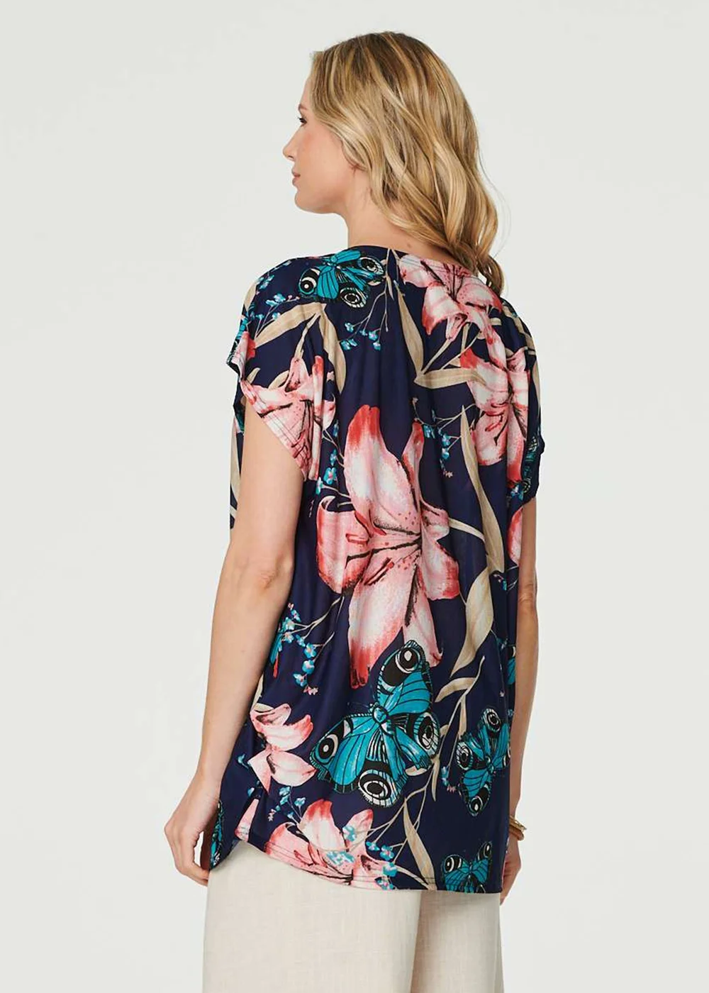 Izabel London Navy Floral Butterfly Print T-Shirt - Small/Medium Image 2