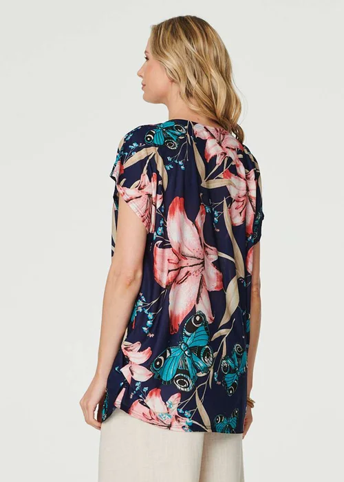 Izabel London Navy Floral Butterfly Print T-Shirt - Small/Medium Image 2
