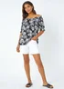 Roman Black Shirred Bardot Palm Print Top - Size 22 Image 2