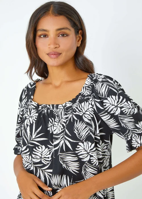 Roman Black Shirred Bardot Palm Print Top - Size 22 Image 4