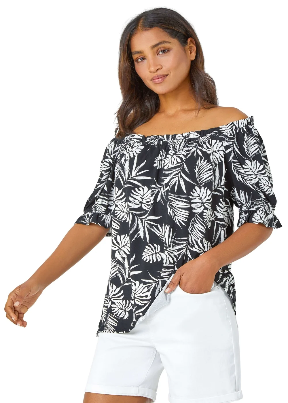 Roman Black Shirred Bardot Palm Print Top - Size 22 Image 1