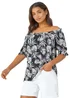 Roman Black Shirred Bardot Palm Print Top - Size 22 Image 1