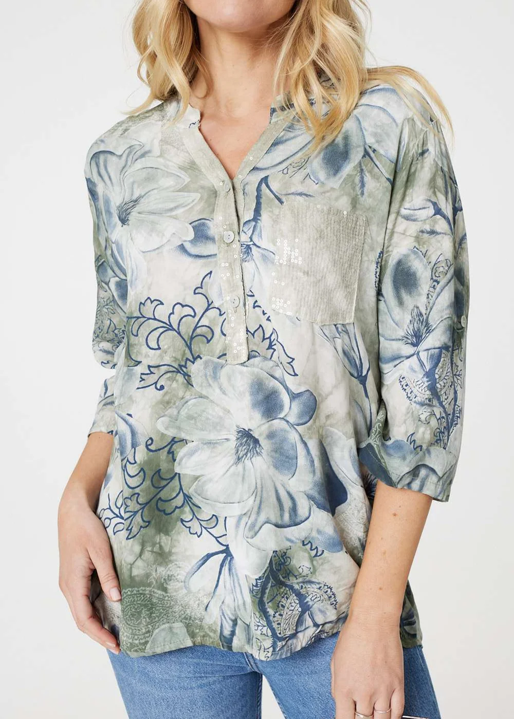 Izabel London Sage Floral Button Detail Blouse - Size 16 Image 3