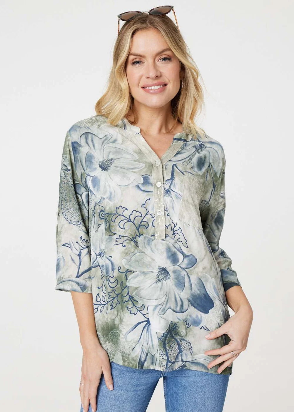 Izabel London Sage Floral Button Detail Blouse - Size 16 Image 1
