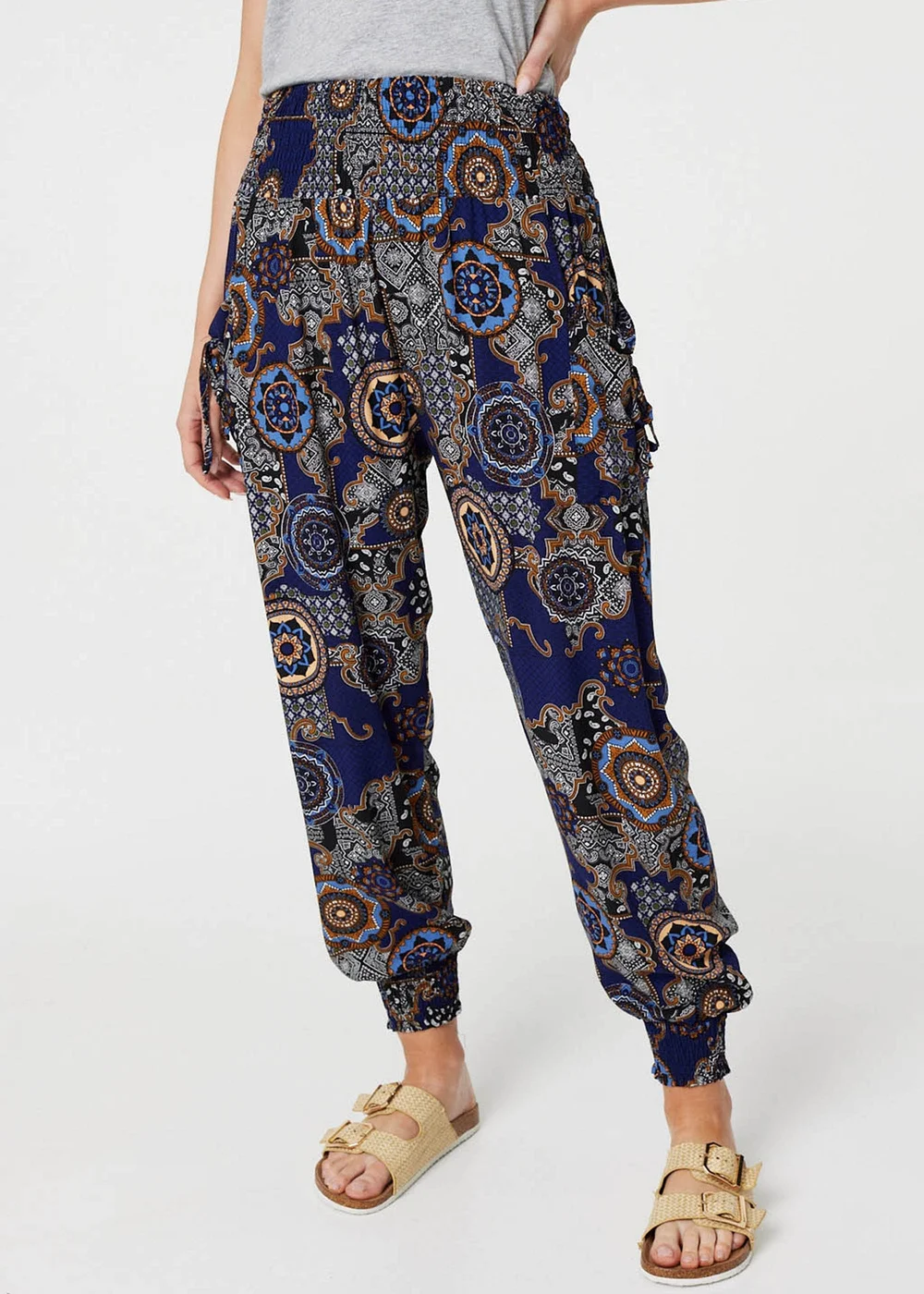 Izabel London Navy Mosaic Print Pocket Detail Pants - Size 8 Image 1