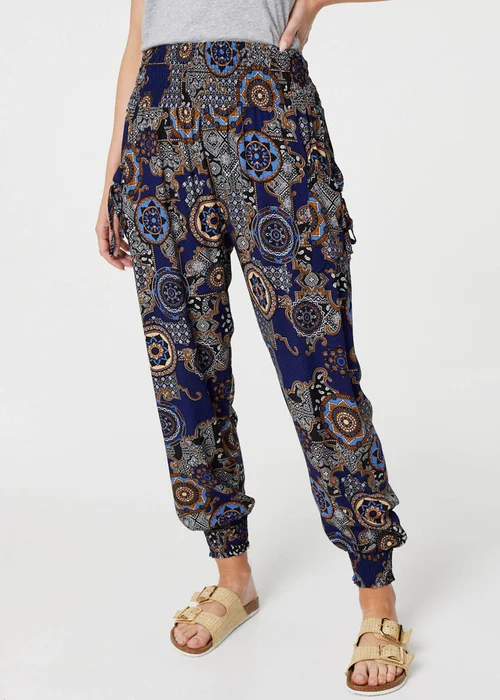 Izabel London Navy Mosaic Print Pocket Detail Pants - Size 8 Image 1
