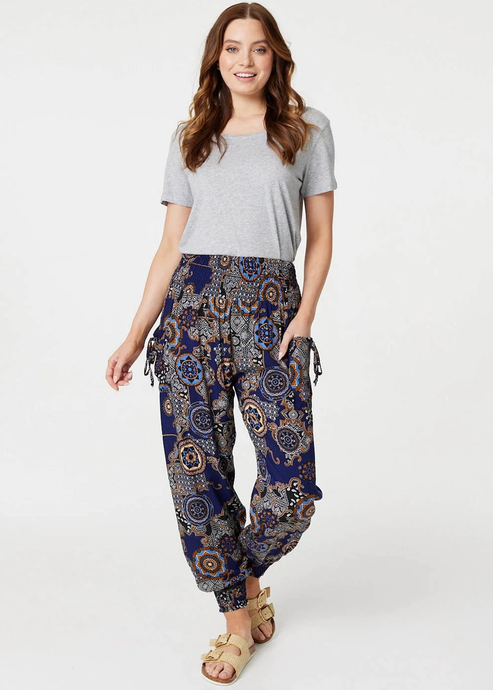Izabel London Navy Mosaic Print Pocket Detail Pants - Size 8 Image 4
