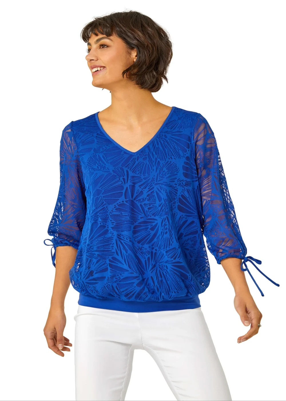Roman Royal Blue Burnout Tie Sleeve Overlay Top - 10 Image 1