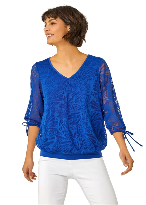 Roman Royal Blue Burnout Tie Sleeve Overlay Top - 10 Image 1