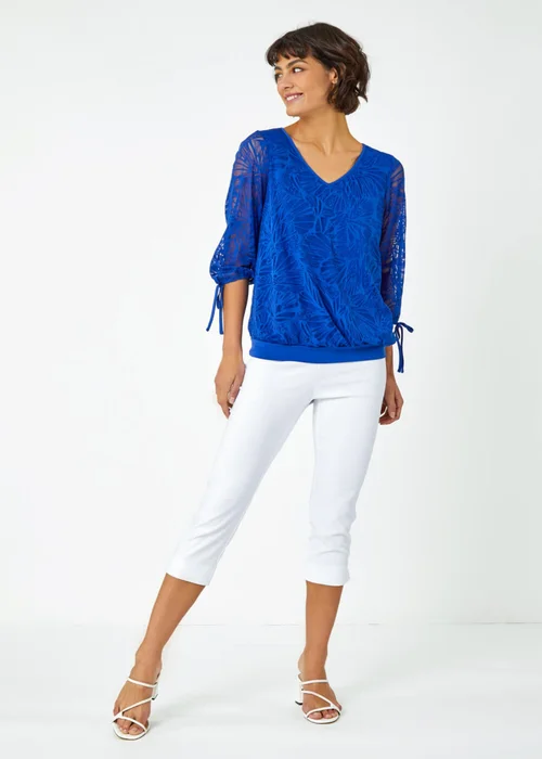 Roman Royal Blue Burnout Tie Sleeve Overlay Top - 10 Image 4