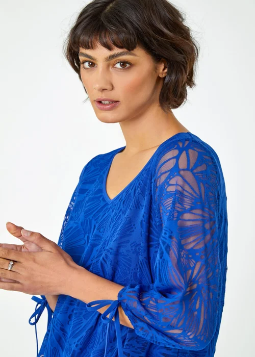 Roman Royal Blue Burnout Tie Sleeve Overlay Top - 10 Image 2