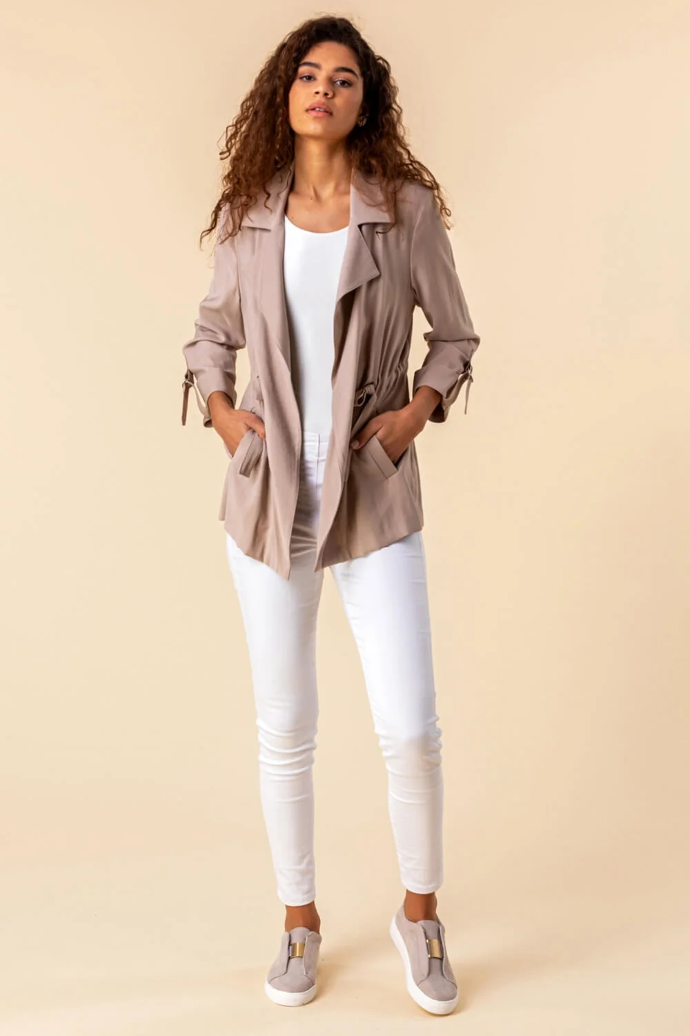 Roman Stone 3/4 Sleeve Tie Waist Longline Jacket - 6 Image 3
