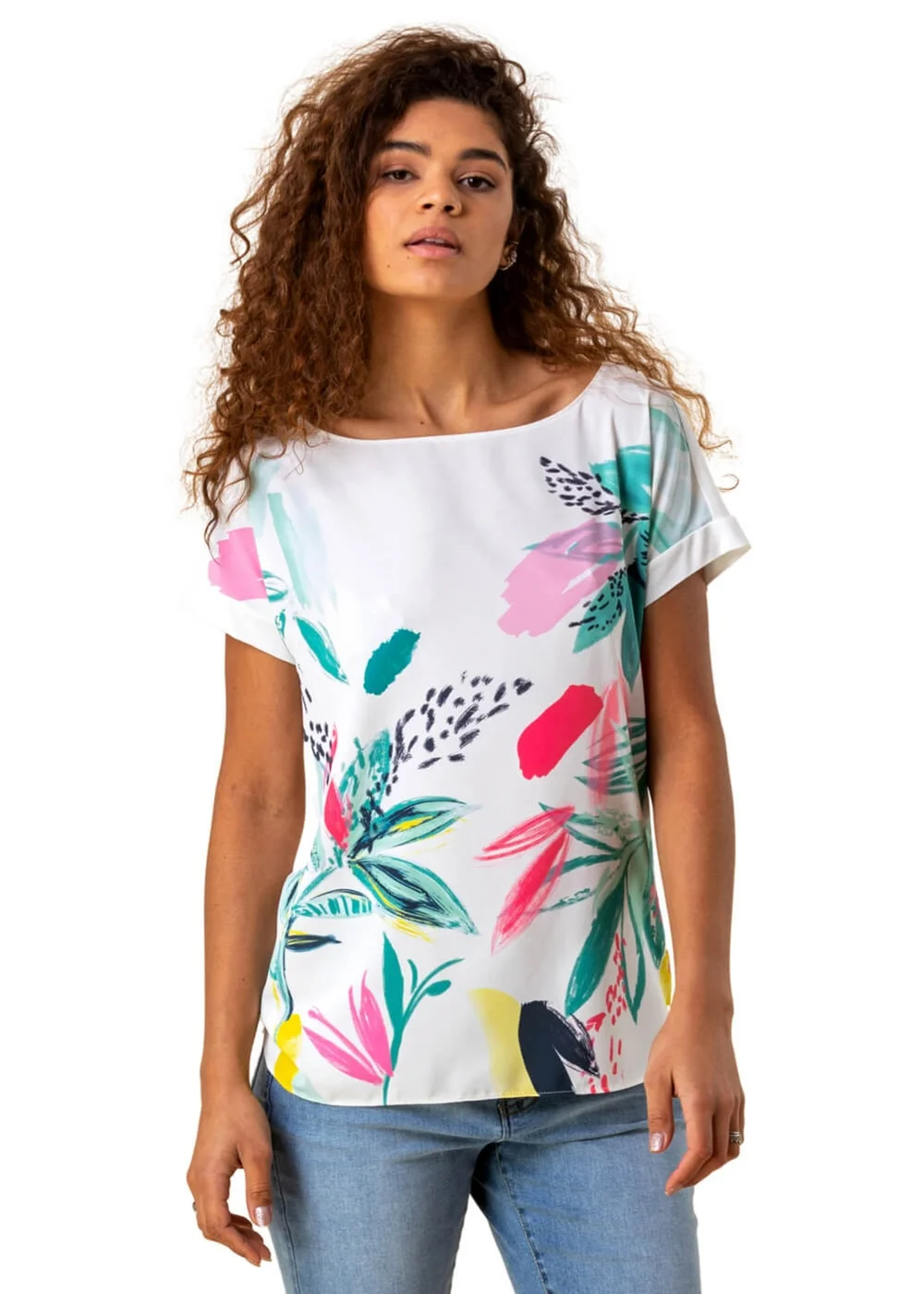 Roman Multi Abstract Leaf Print Stretch T-Shirt - 10 Image 1