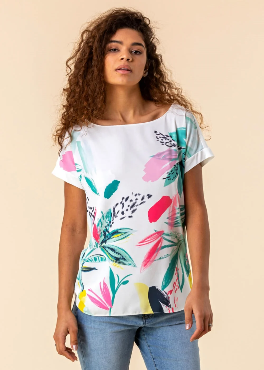 Roman Multi Abstract Leaf Print Stretch T-Shirt - 10 Image 4