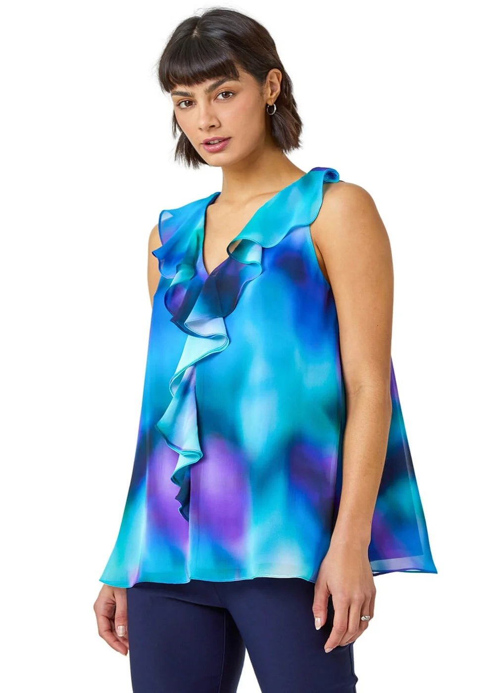 Roman Blue Ombre Print V-Neck Ruffle Front Top - 6 Image 1