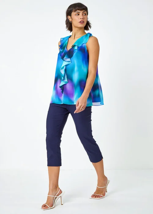 Roman Blue Ombre Print V-Neck Ruffle Front Top - 6 Image 4