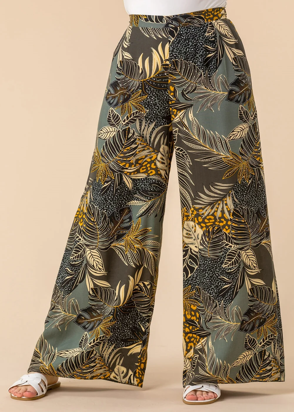 Roman Green Tropical Print Elastic Waist Wide Leg Trouser - 10 Image 2