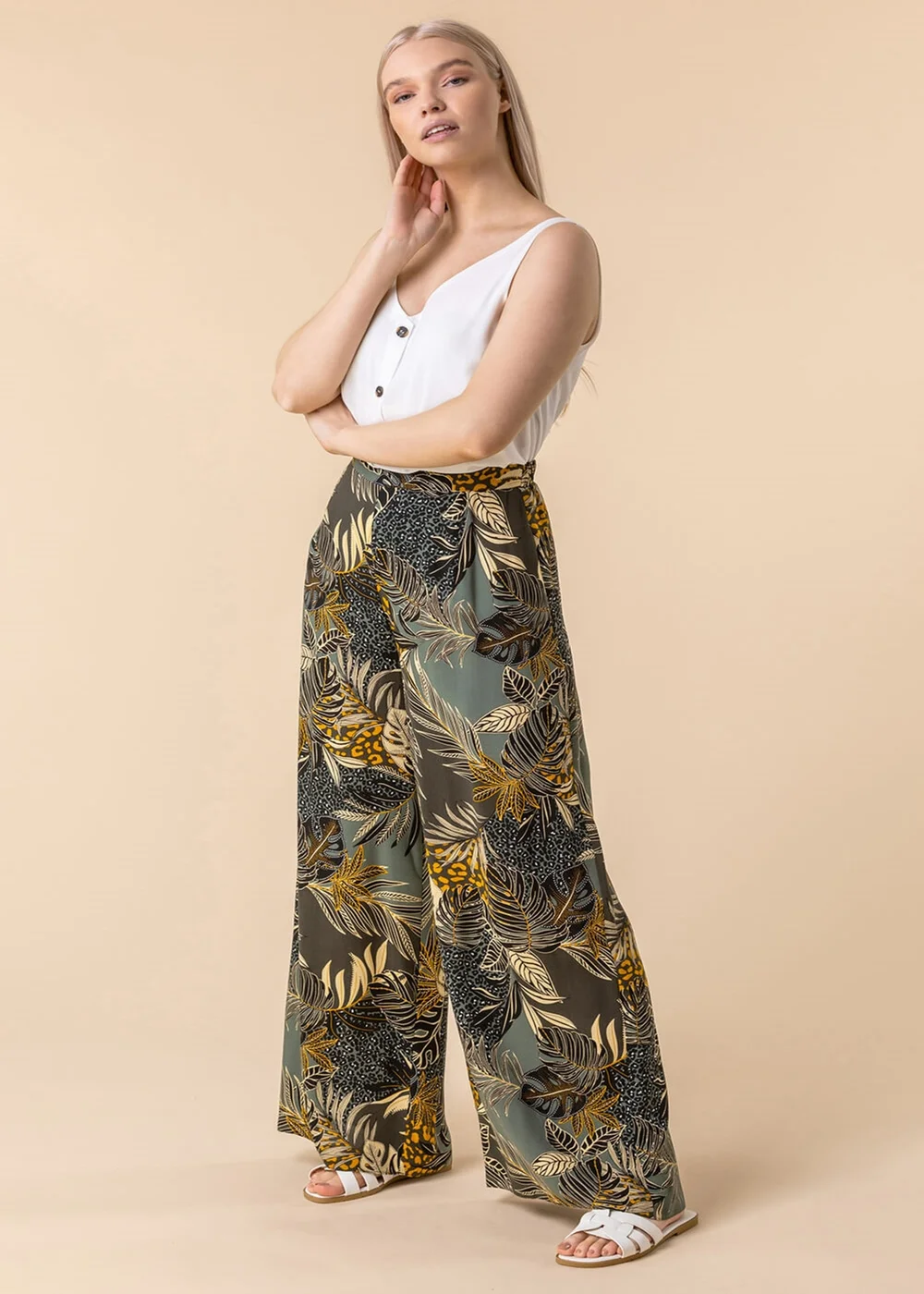 Roman Green Tropical Print Elastic Waist Wide Leg Trouser - 10 Image 4