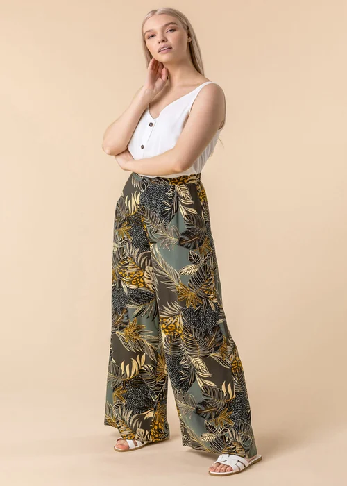 Roman Green Tropical Print Elastic Waist Wide Leg Trouser - 10 Image 4