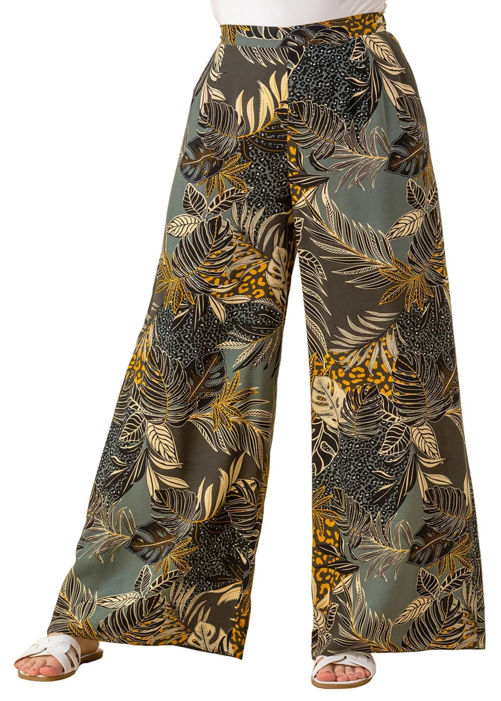 Roman Green Tropical Print Elastic Waist Wide Leg Trouser - 10 Image 1