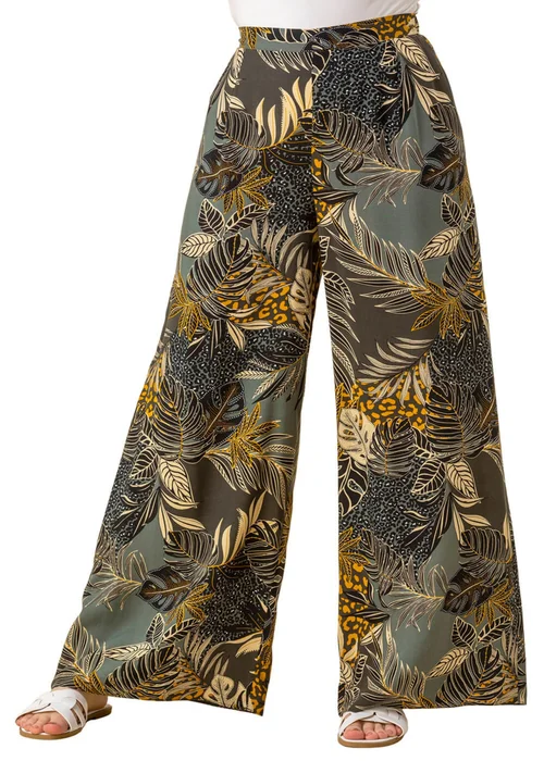 Roman Green Tropical Print Elastic Waist Wide Leg Trouser - 10 Image 1