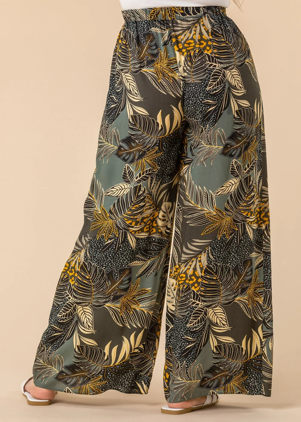 Roman Green Tropical Print Elastic Waist Wide Leg Trouser - 10 Image 3