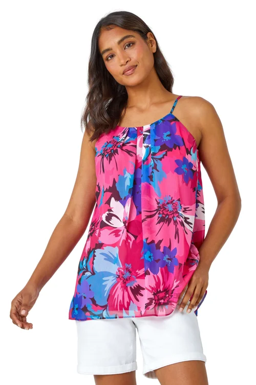 Roman Pink Floral Print Chiffon Cami Top - 10 Image 1