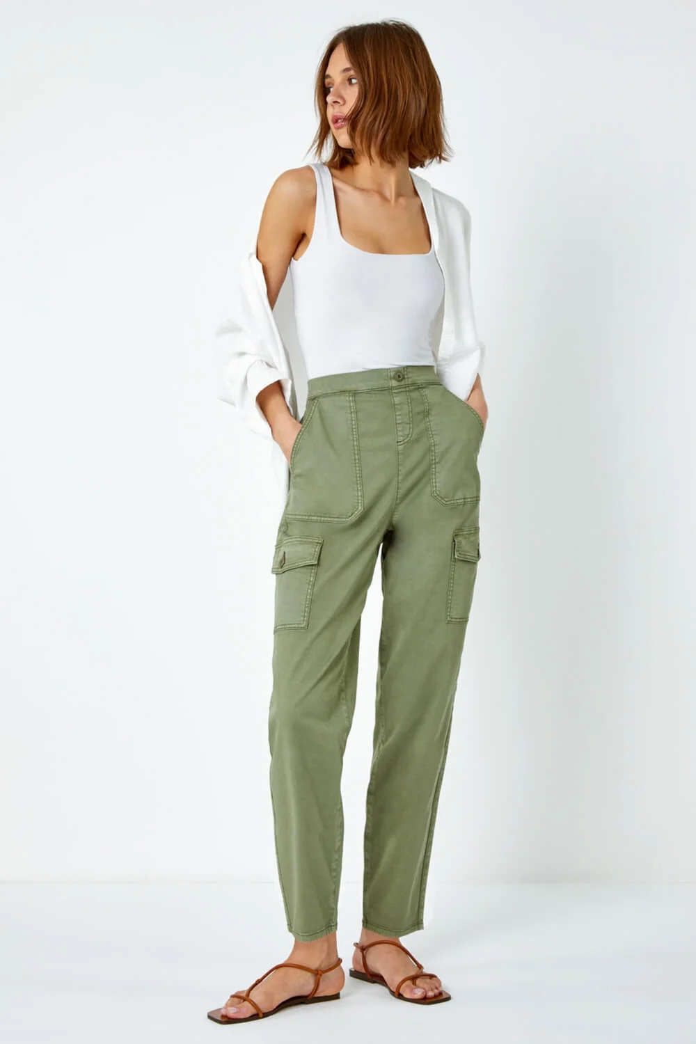 Roman Sage Casual Elastic Waist Cargo Stretch Trousers - 20 Image 1