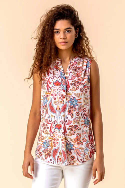 Roman Red Paisley Floral Print Sleeveless V-Neck Top - 10 Image 2