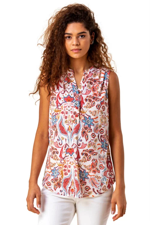 Roman Red Paisley Floral Print Sleeveless V-Neck Top - 10 Image 1
