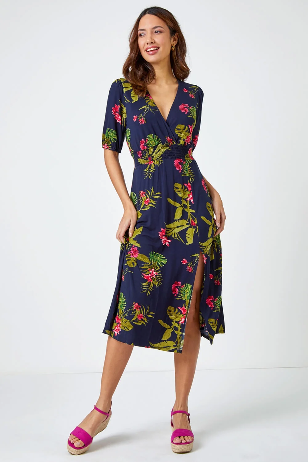 Roman Pink Tropical Print Stretch Wrap Midi Dress - 6 Image 4