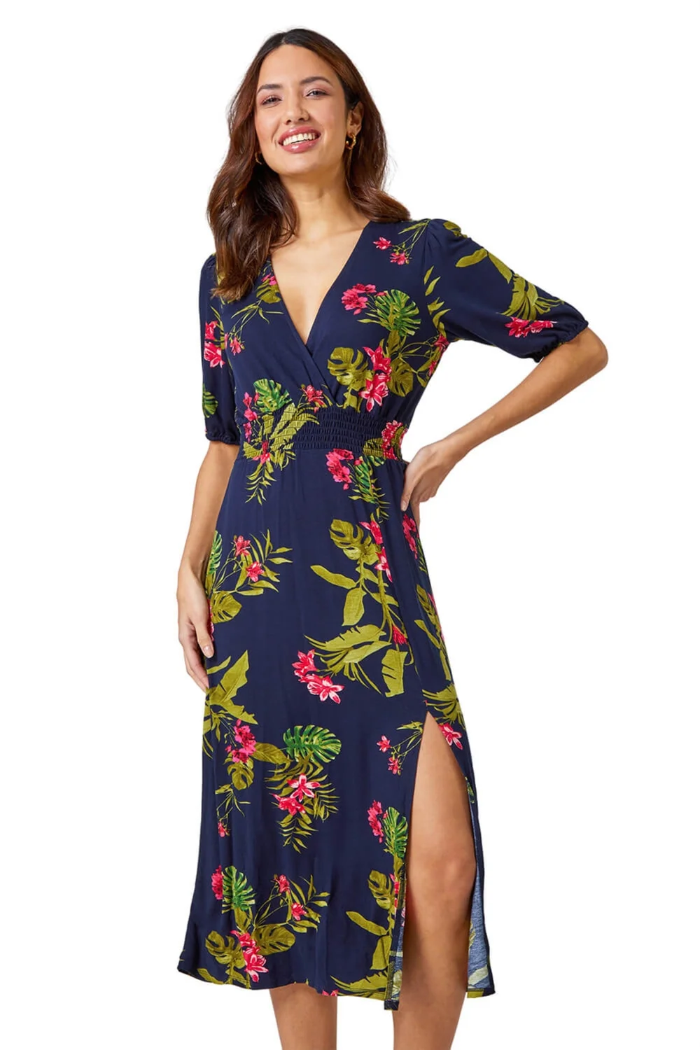 Roman Pink Tropical Print Stretch Wrap Midi Dress - 6 Image 1