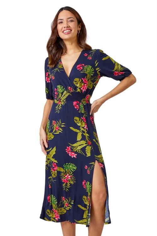 Roman Pink Tropical Print Stretch Wrap Midi Dress - 6 Image 1