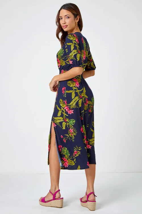 Roman Pink Tropical Print Stretch Wrap Midi Dress - 6 Image 3