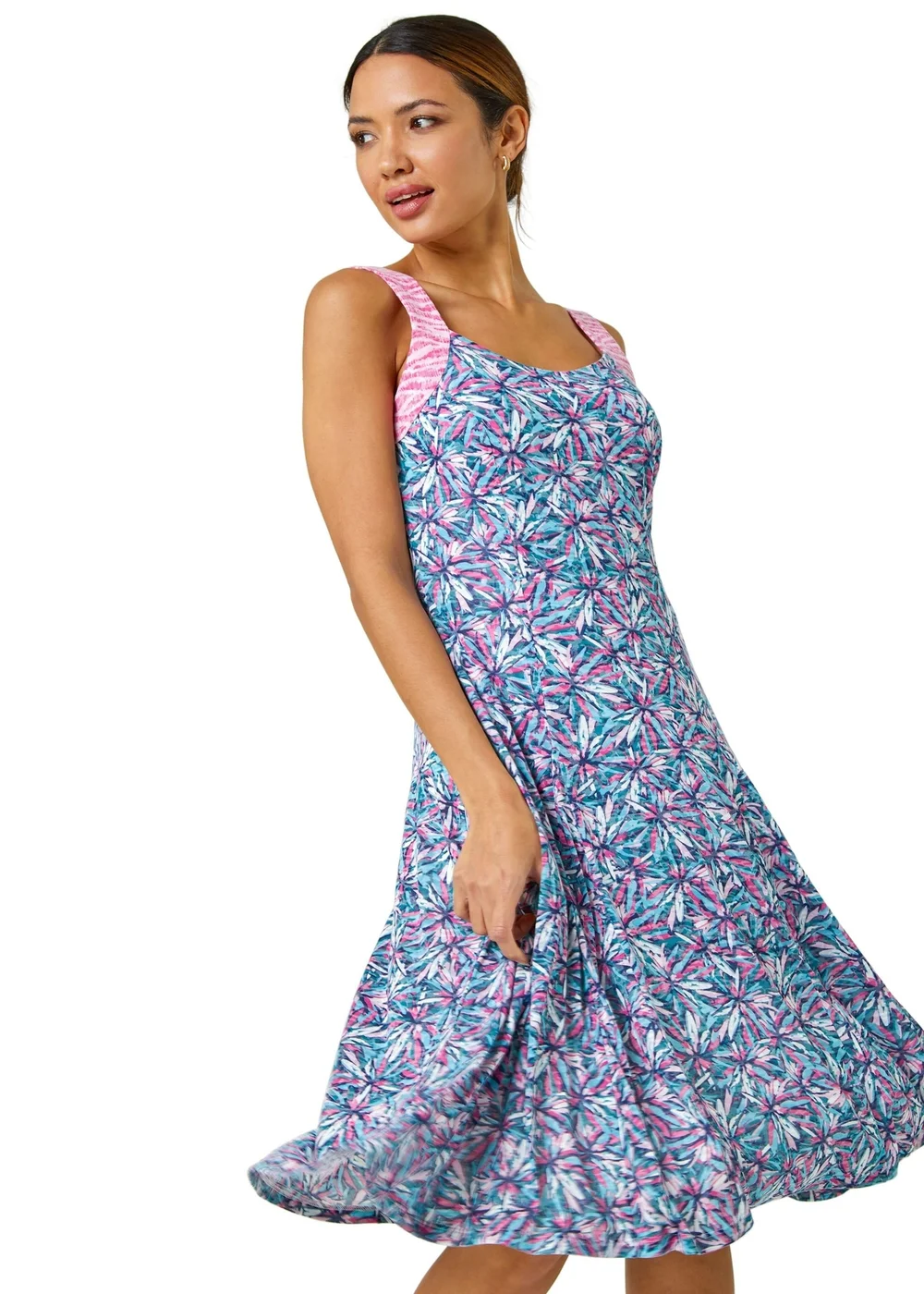 Roman Pink Sleeveless Contrast Floral Print Dress - 14 Image 1